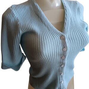 Small Vintage Cardigan Top 1970's Baby Blue Ribbed Disco Cropped Buttery